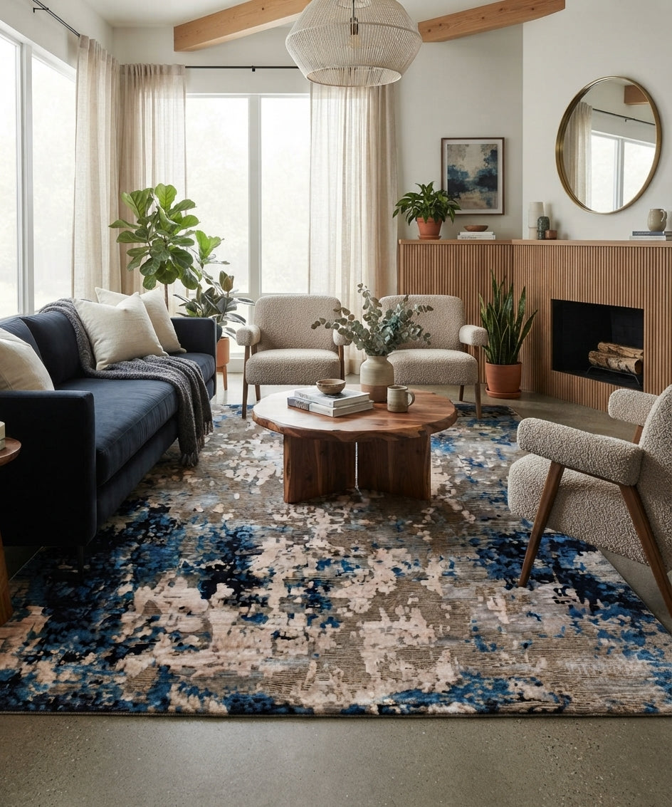 Modern Abstract Wool and Silk Area Rug – Hand-Knotted Brown and Blue Contemporary Luxury Floor Covering