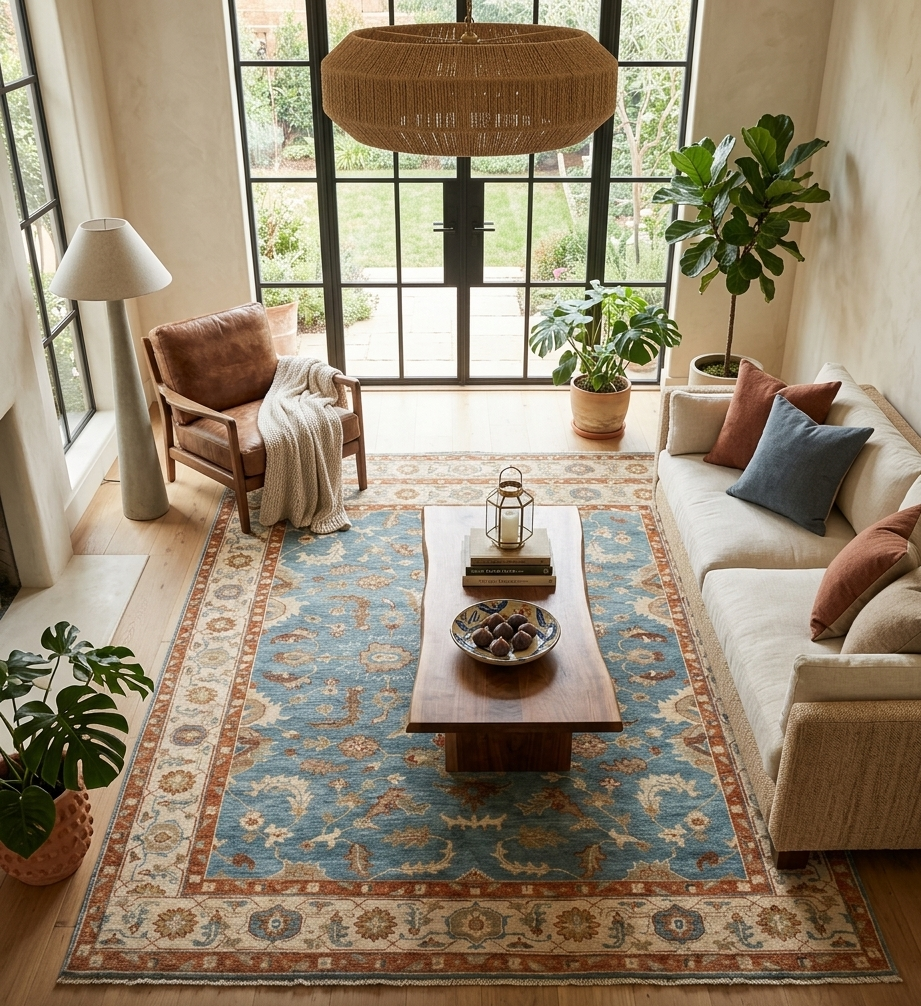 8x10 Hand-Knotted Wool Oushak Rug | Serapi-Inspired Blue & Ivory