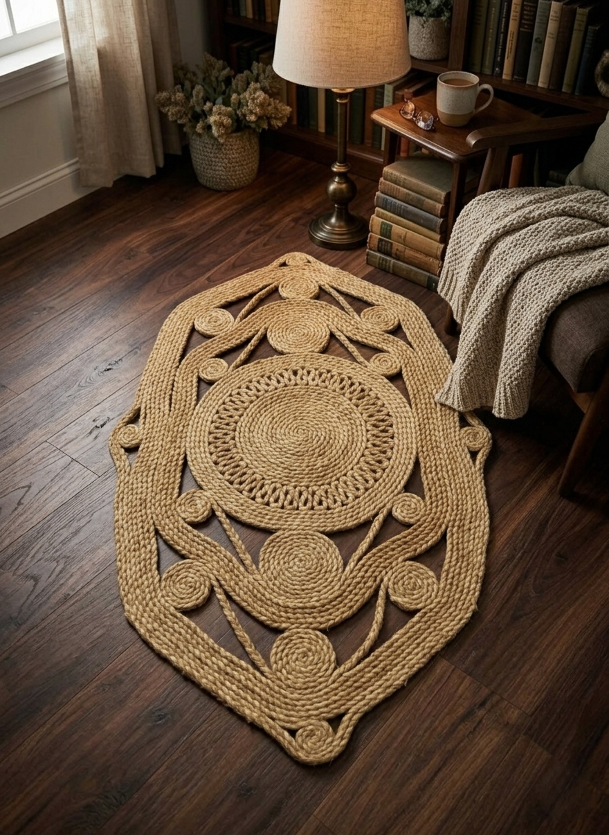 Natural Jute Accent Rug | Unique Ogee Shape 2x3 Mat