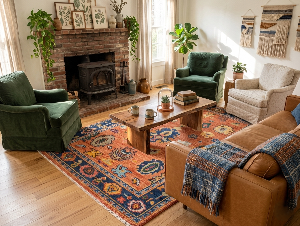 Hand Knotted Oushak Rug Orange Blue Turkish Wool Area Rug
