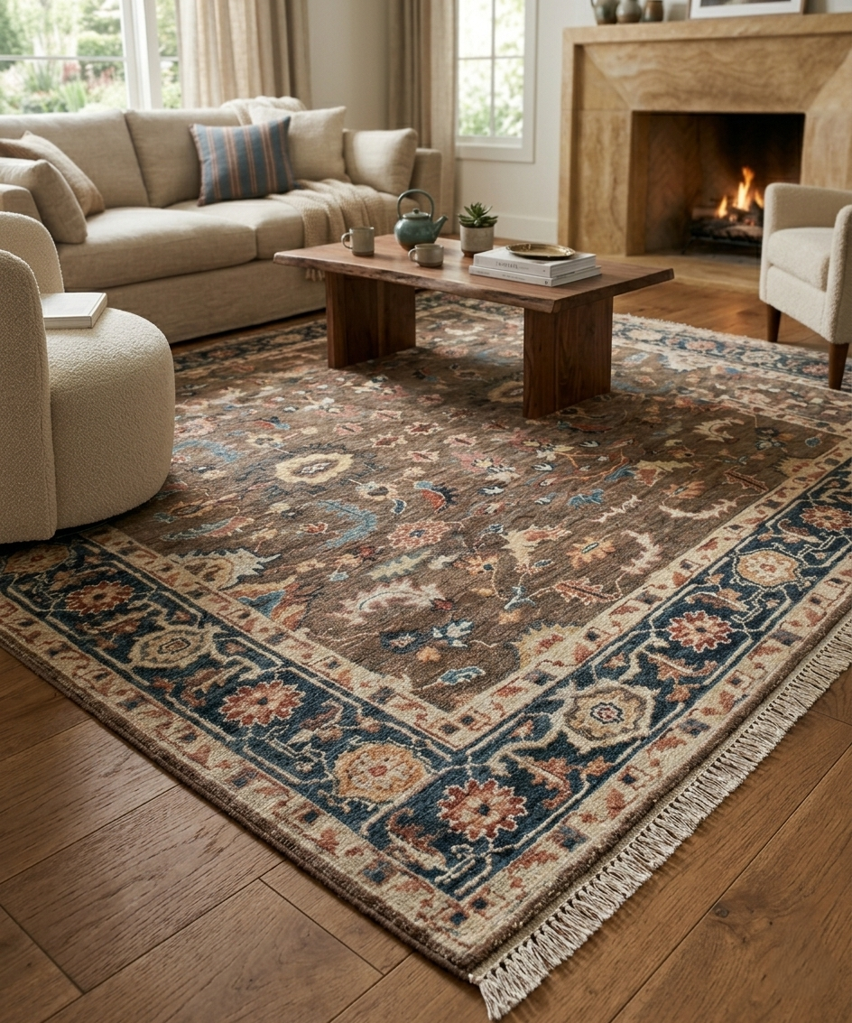 Authentic Hand-Knotted Wool Persian Rug | Earthy Brown & Navy Border