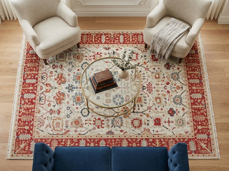 8x10 ft Authentic Hand-Knotted Wool Oriental Rug - Red & Cream Transitional Oushak Style