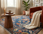Hand-Knotted Oushak Wool Rug - Authentic Turkish Style Area Rug in Navy Blue