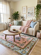 Hand knotted pink Oushak Rug – Custom Pastel Pink & Sky Blue
