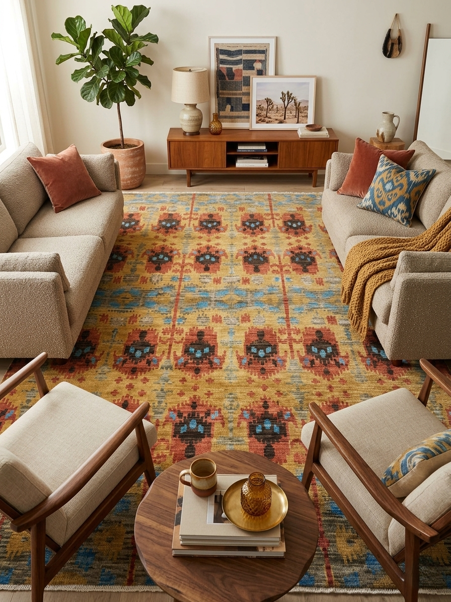 6x9 Hand-Knotted Wool Ikat Rug – Modern Oushak Style Medallion Area Rug