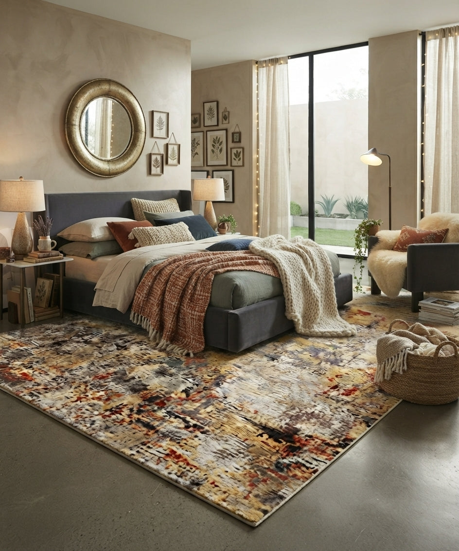 Hand-Knotted Luxury Wool & Bamboo Silk Modern Abstract Area Rug | 100 KPSI Designer Rug for Living Room & Dining Room