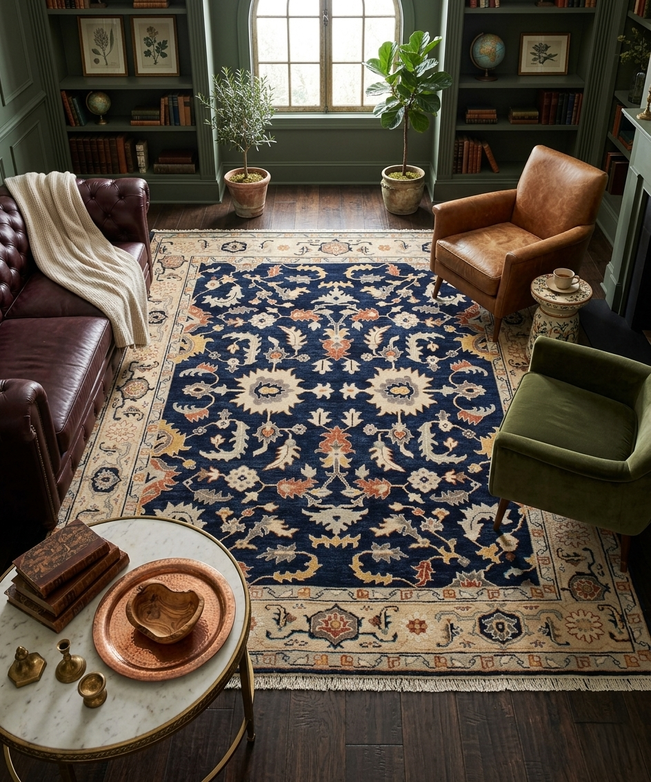 9x12 Hand-Knotted Navy & Cream Wool Rug | Traditional Oushak-Inspired Area Rug
