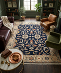 9x12 Hand-Knotted Navy & Cream Wool Rug | Traditional Oushak-Inspired Area Rug