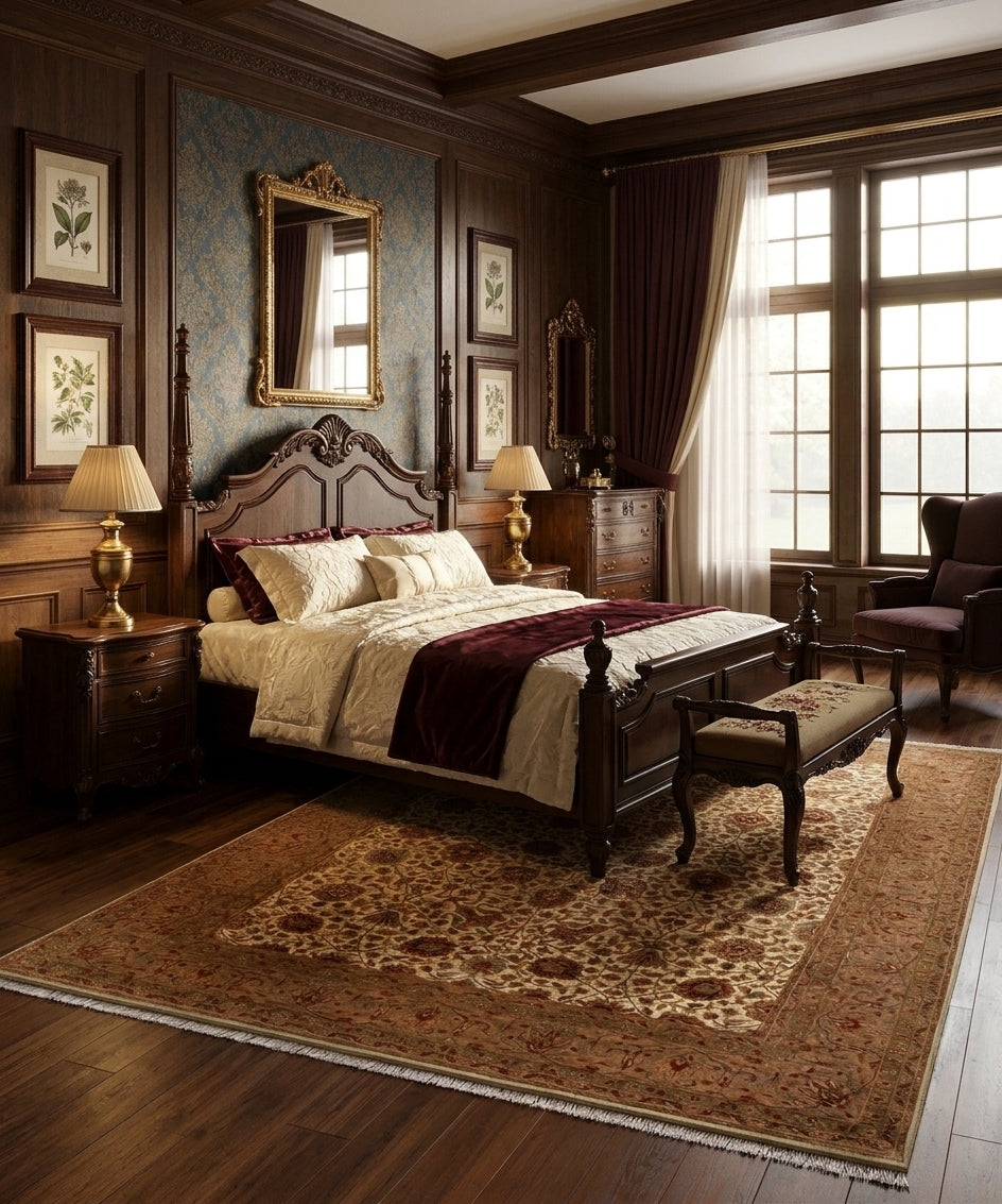 Royal Vintage Inspired Ivory & Camel Wool and Silk Area Rug | 14/14 High-Density Hand-Knotted Traditional Luxury Rug (Available in 8x10, 9x12, 10x14)