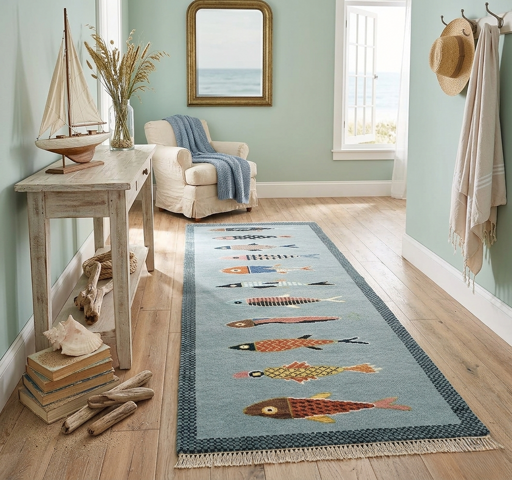 Hand-Knotted Wool Koi Fish Runner – Sage Blue Artisan Fish Rug – Custom Sizes Available