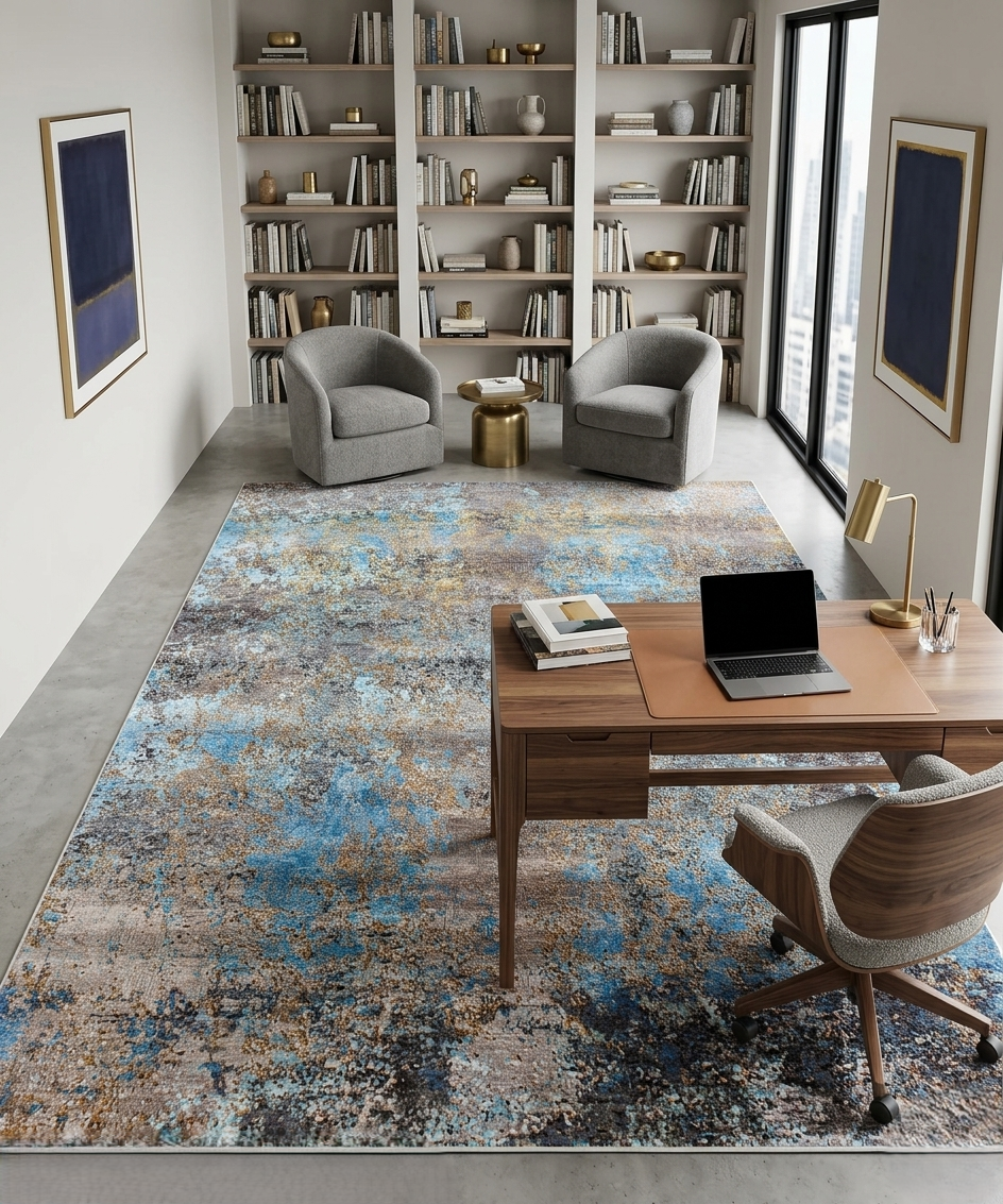 Abstract Nebula Blue & Gold Luxury Rug – Hand-Knotted Wool & Bamboo Silk