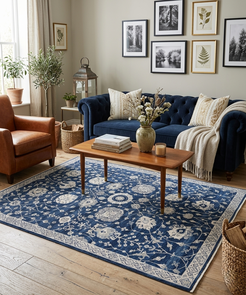 Hand knotted 8x10 9x12 10x14 floral Navy Blue wool Rug