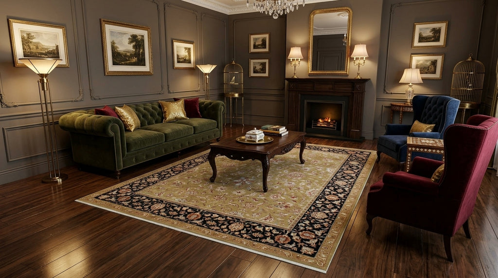 Royal Vintage Inspired New Zealand Wool & Silk Area Rug | Gold & Black