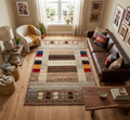 6x8 ft Neutral Gabbeh Rug, Hand-Knotted Wool Tribal Striped Carpet