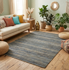 Handwoven Jute Rug 5.6x6.2 Blue Gray & Charcoal black Square Natural Fiber Rug