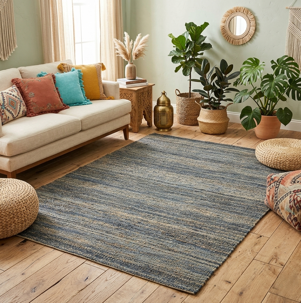 Handwoven Jute Rug 5.6x6.2 Blue Gray & Charcoal black Square Natural Fiber Rug