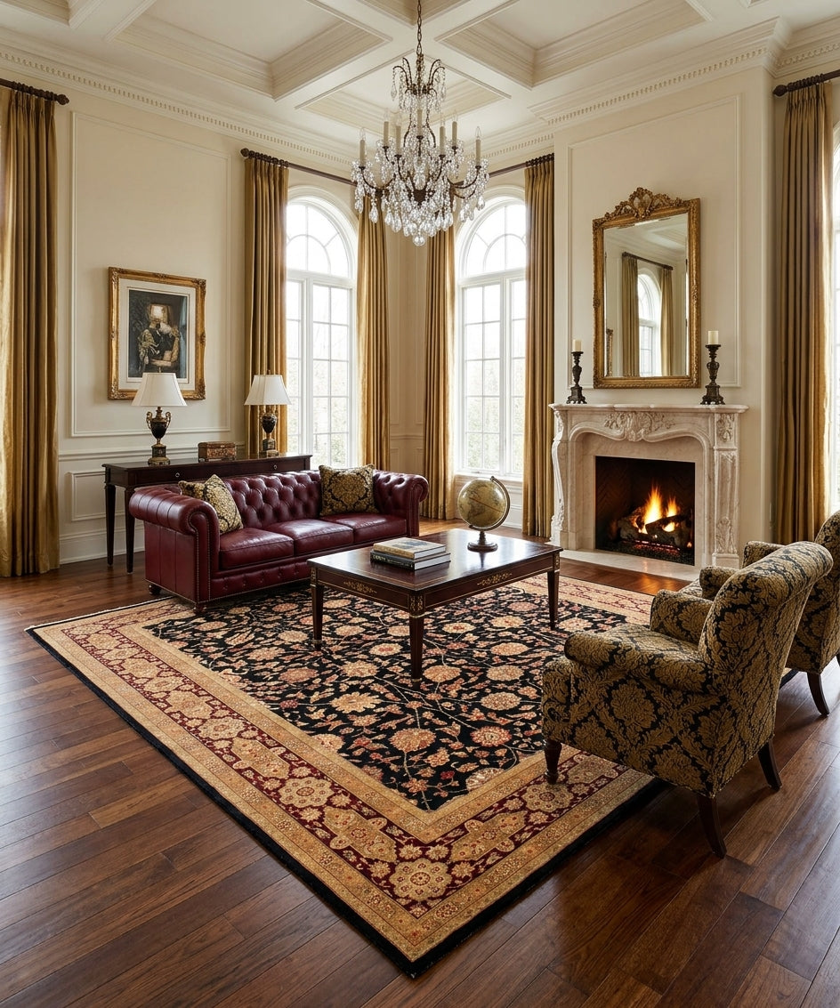 Royal Vintage Hand-Knotted New Zealand Wool & Silk Rug | Black & Red (9x12)