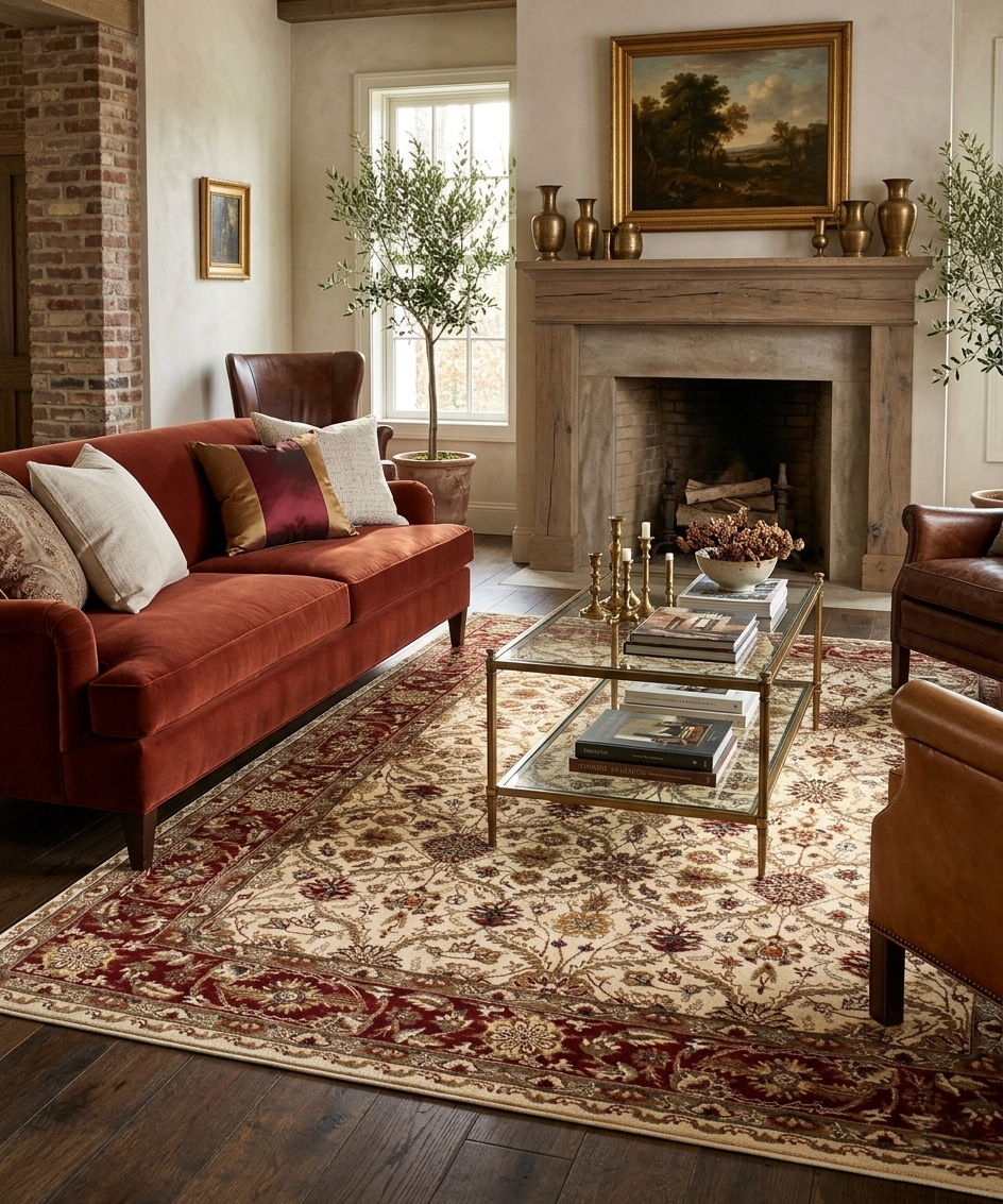 8x11 ft Hand-Tufted Wool Serapi Style Rug - 5x8 ft Cream & Rust Red rug