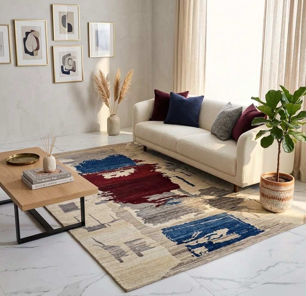 6 x 8 Abstract Gabbeh Rug, Hand-Knotted Wool, Cream Navy Burgundy Art Rug