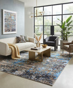 Modern Abstract Hand-Knotted Wool & Bamboo Silk Area Rug | Sapphire Blue Luxury Designer Floor Tapestry for Contemporary Living Rooms