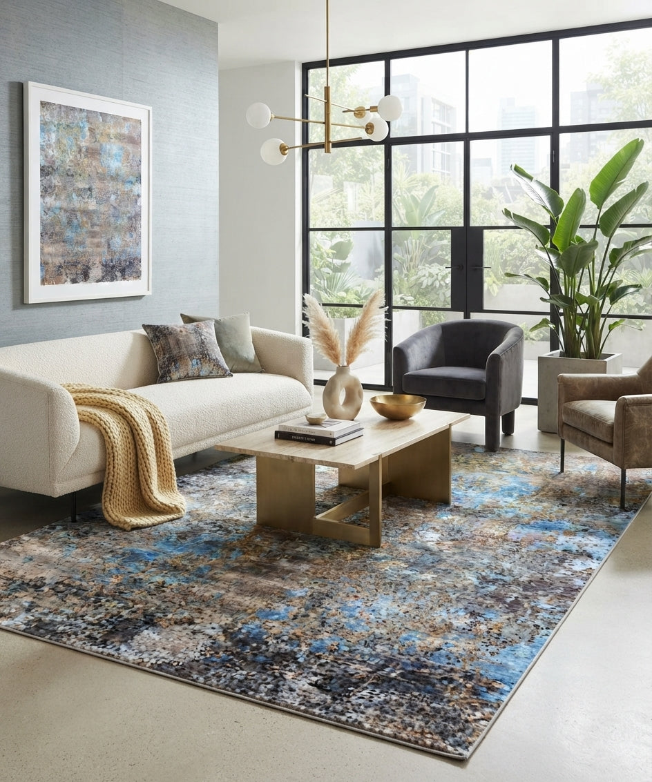 Modern Abstract Hand-Knotted Wool & Bamboo Silk Area Rug | Sapphire Blue Luxury Designer Floor Tapestry for Contemporary Living Rooms