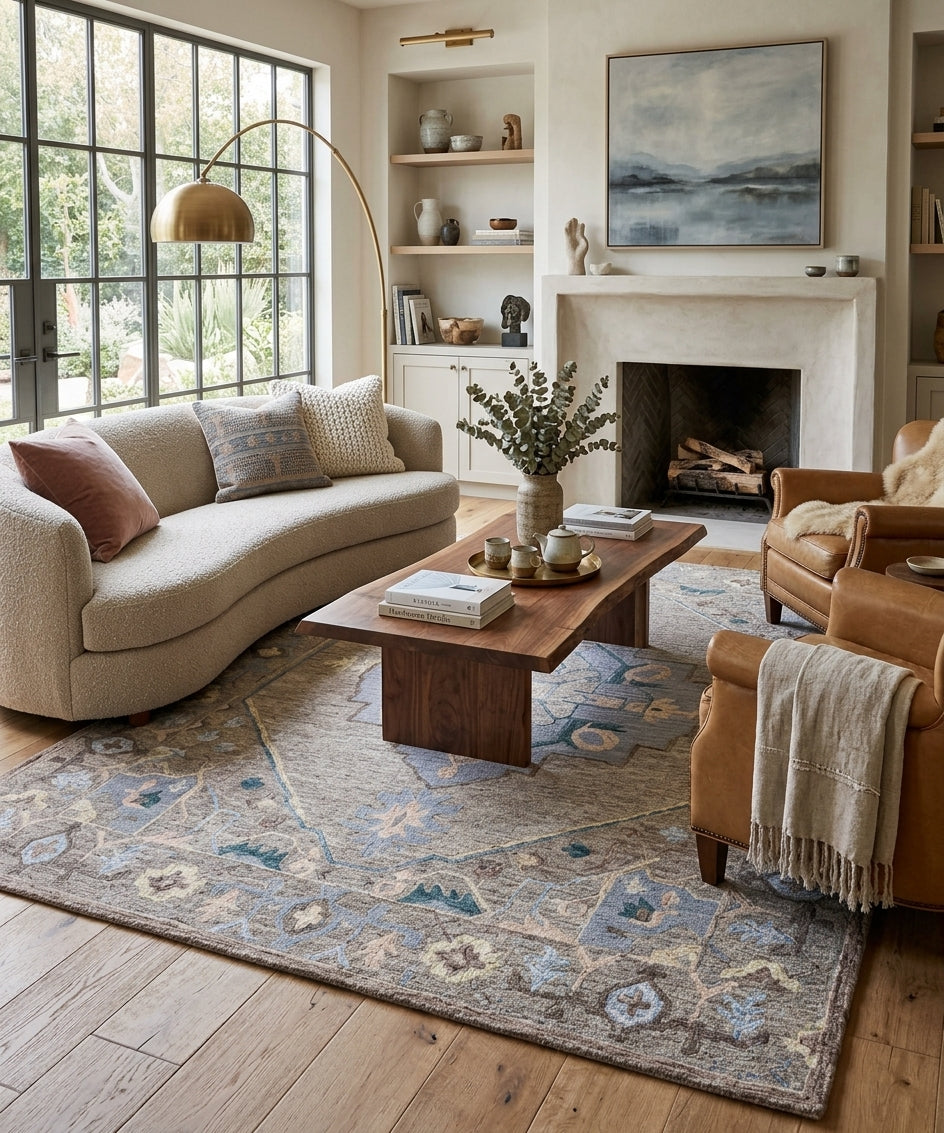 Vintage Medallion Hand-Tufted Wool Rug | Slate Blue & Taupe Area Rug