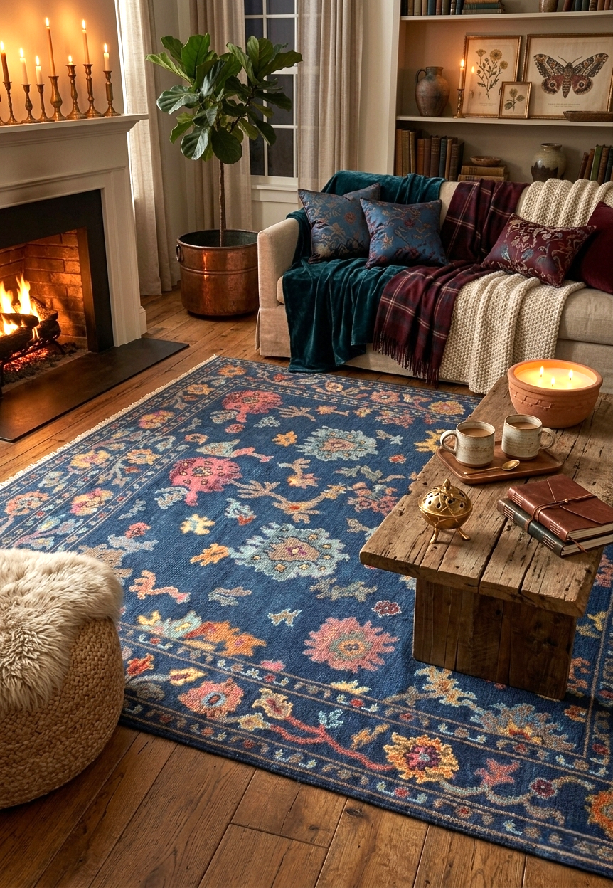 Hand-Knotted Navy Blue Oushak Rug, Traditional Floral Wool Area Rug
