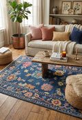Hand-Knotted Navy Blue Oushak Rug, Traditional Floral Wool Area Rug