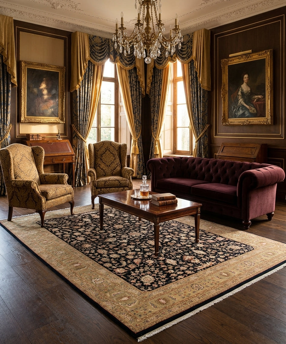 Handmade Royal Vintage Inspired New Zealand Wool & Silk Area Rug | Black & Gold Traditional Persian Design | Available in 8x10 & 9x12