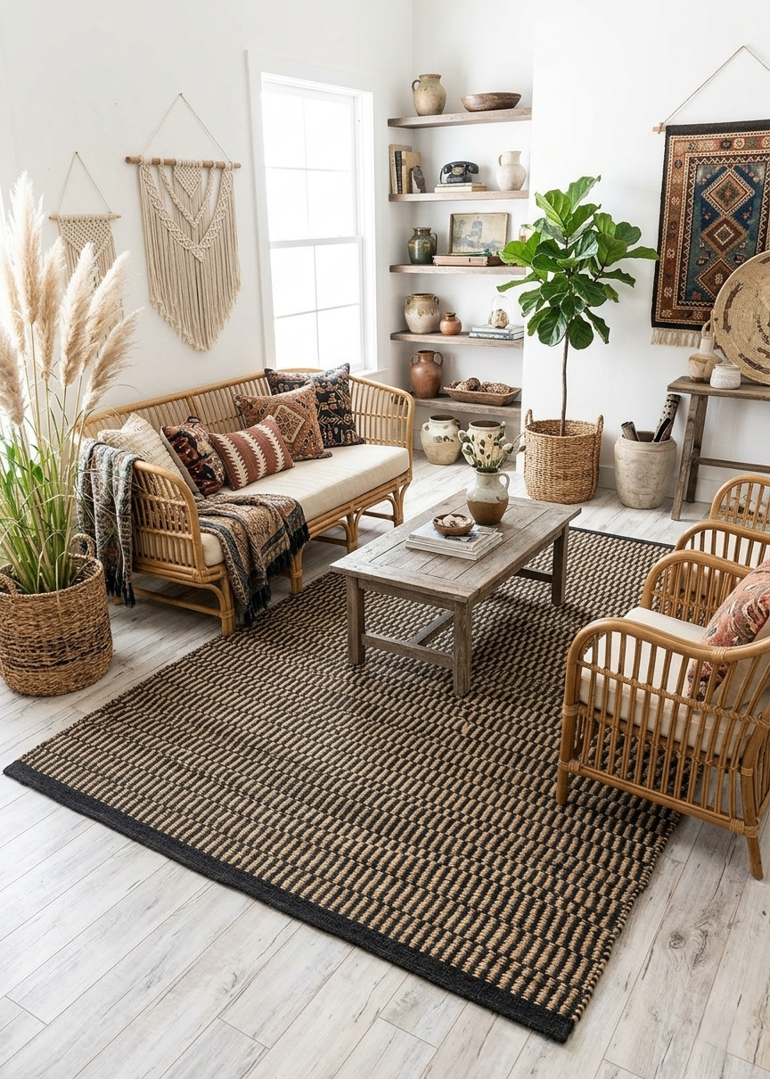 5x8 Handwoven Jute Rug , Unique Geometric Kilim Style Area Rug