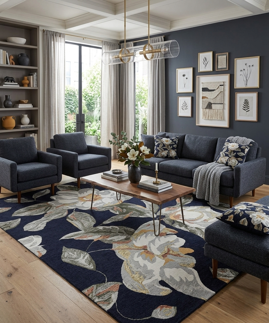 Midnight Magnolia: Hand-Tufted Floral Area Rug (8' x 10')