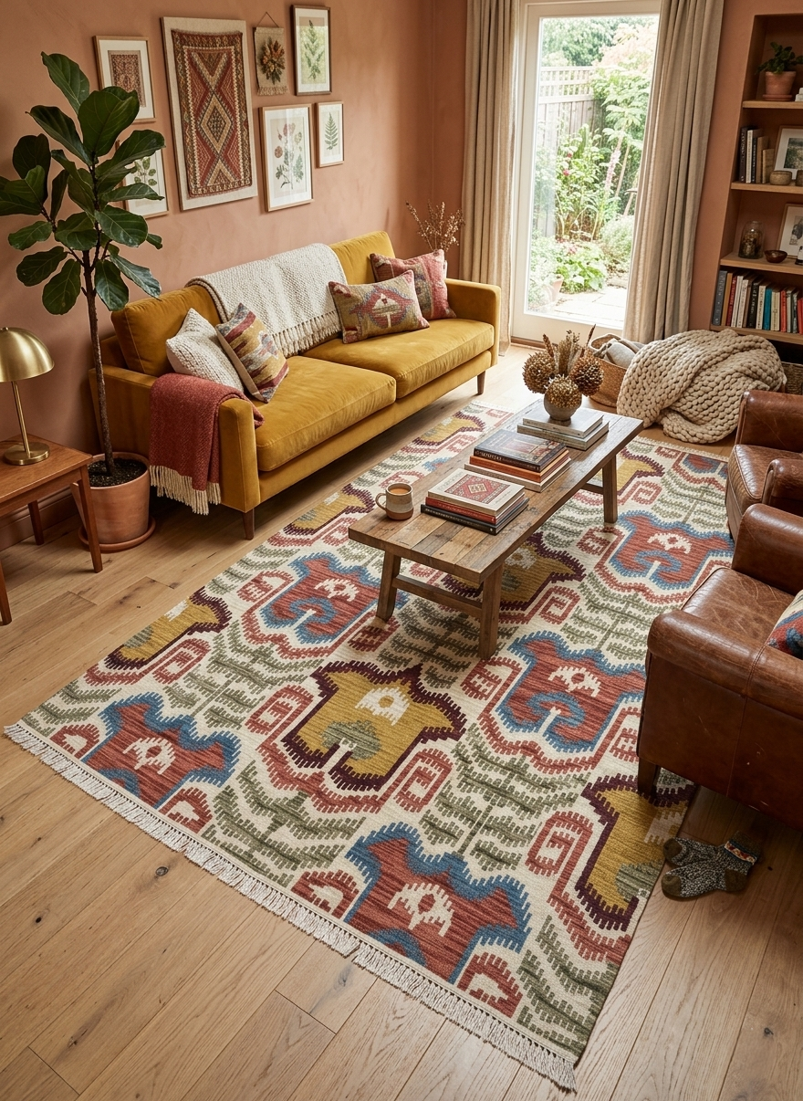 5X8 Vintage-Inspired Hand-Knotted Wool Ikat Rug | Earthy Terracotta & Mustard