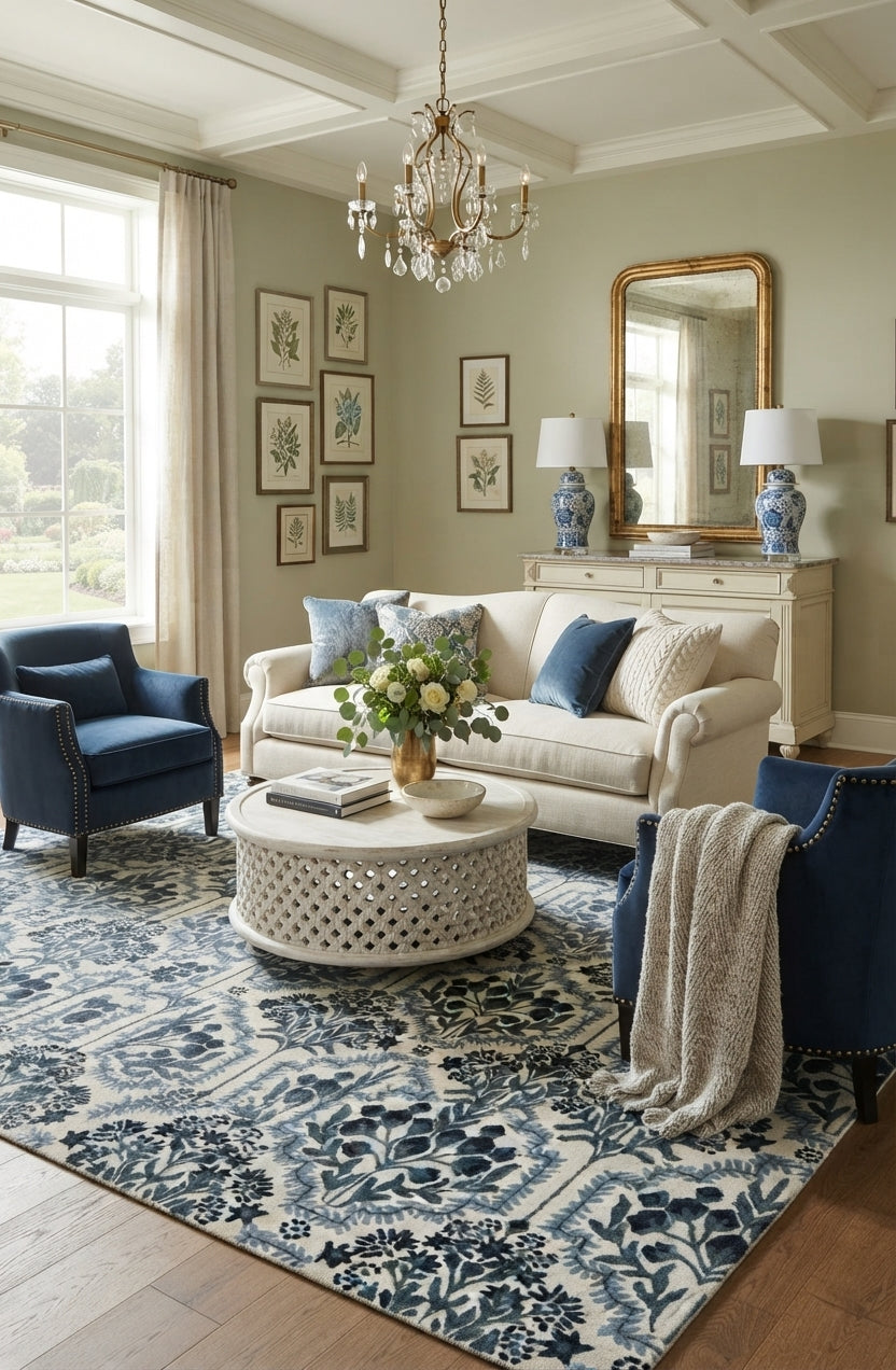 Hand-Tufted Botanical Floral Wool Area Rug | Custom Size High-Traffic Floor Covering, Blue white floral carpet