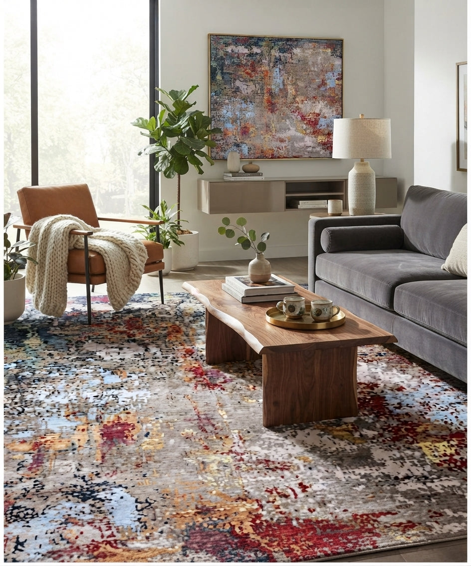 Modern Abstract Wool & Bamboo Silk Hand-Knotted Area Rug | Silver, Charcoal, Red & Blue | Available in 8x10, 9x12, 10x14