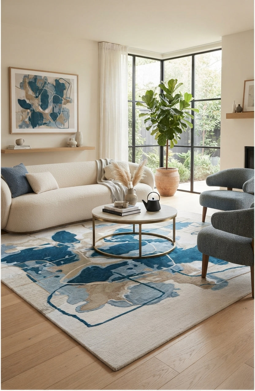 Modern Abstract Wool Hand Tufted Rug – Contemporary Blue & Beige Custom Size Area Rug for Living Room & Bedroom