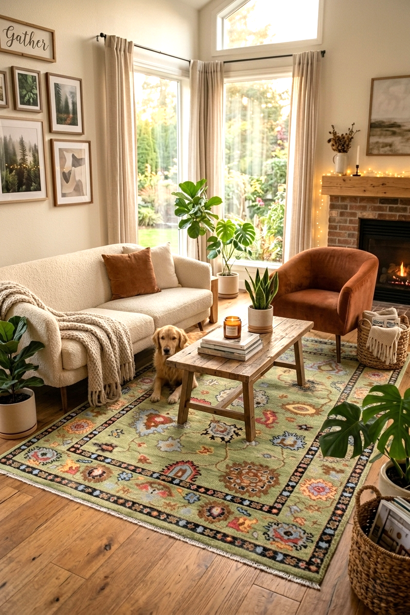 Hand Knotted Sage Green Oushak Rug, Large Floral Wool Area Rug