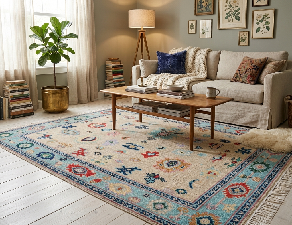 Hand-Knotted Oushak Wool Rug, Beige & Light Blue for living room, bedroom and dining area