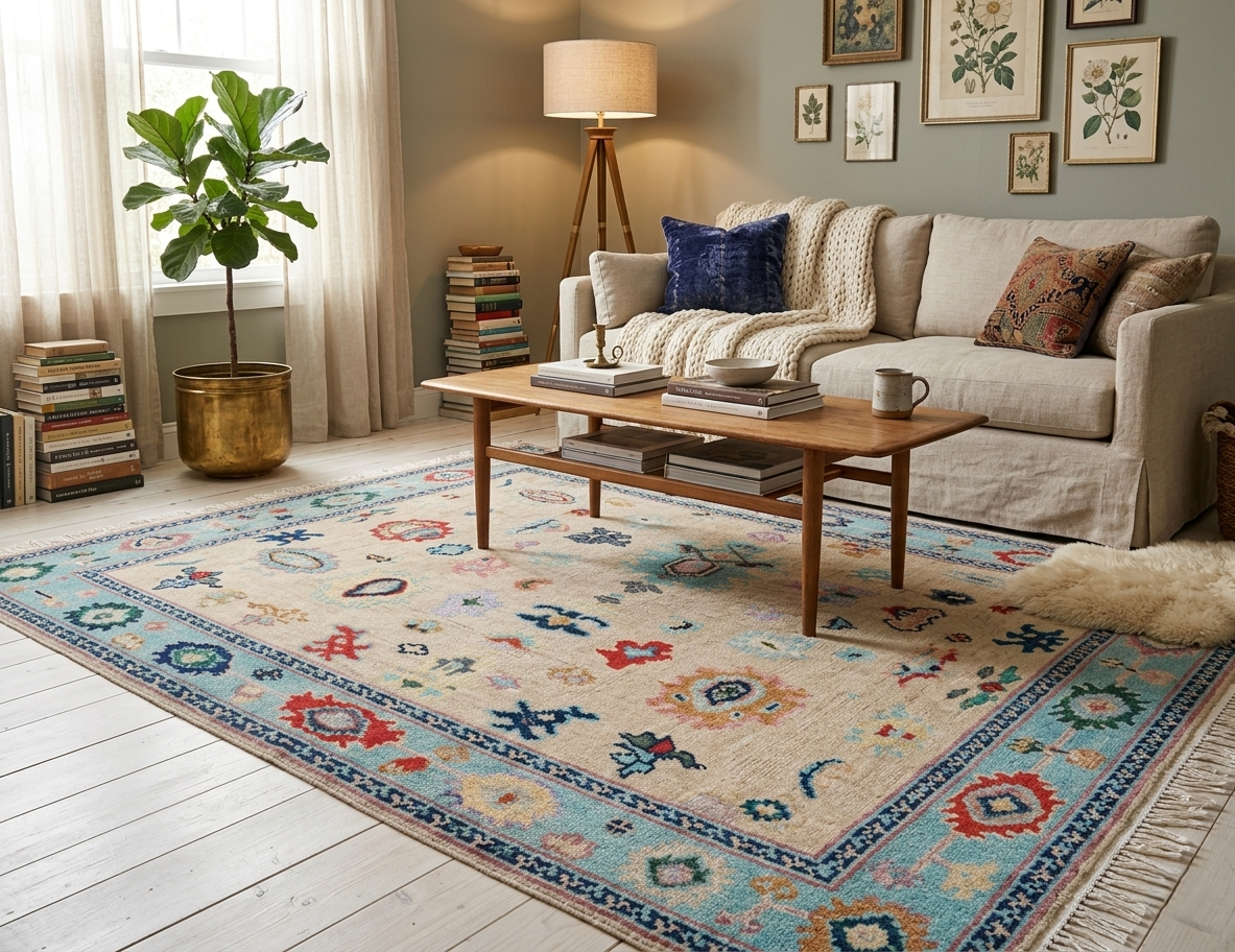 Hand-Knotted Oushak Wool Rug, Beige & Light Blue for living room, bedroom and dining area