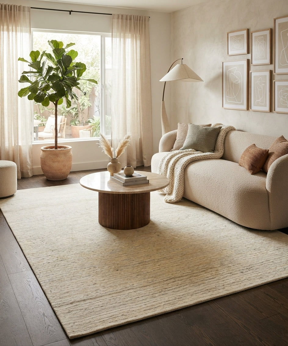 8x10 Modern Minimalist Textured Wool Hand Knotted Area Rug – Ivory & Beige Living Room Rug