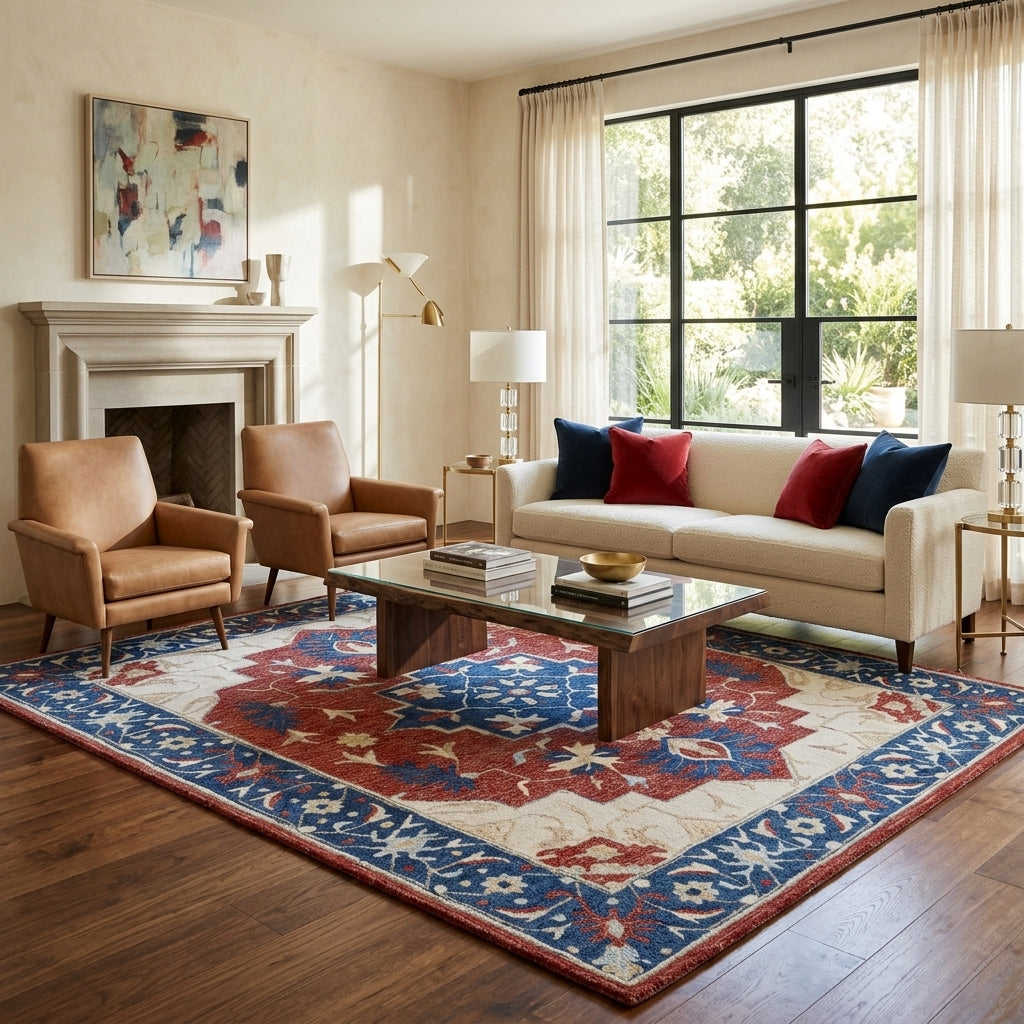 Red Blue Ivory Traditional Floral Medallion Rug, 5x8, 8x10 ft Hand Tufted Wool Area Rug for Living Room, Bedroom