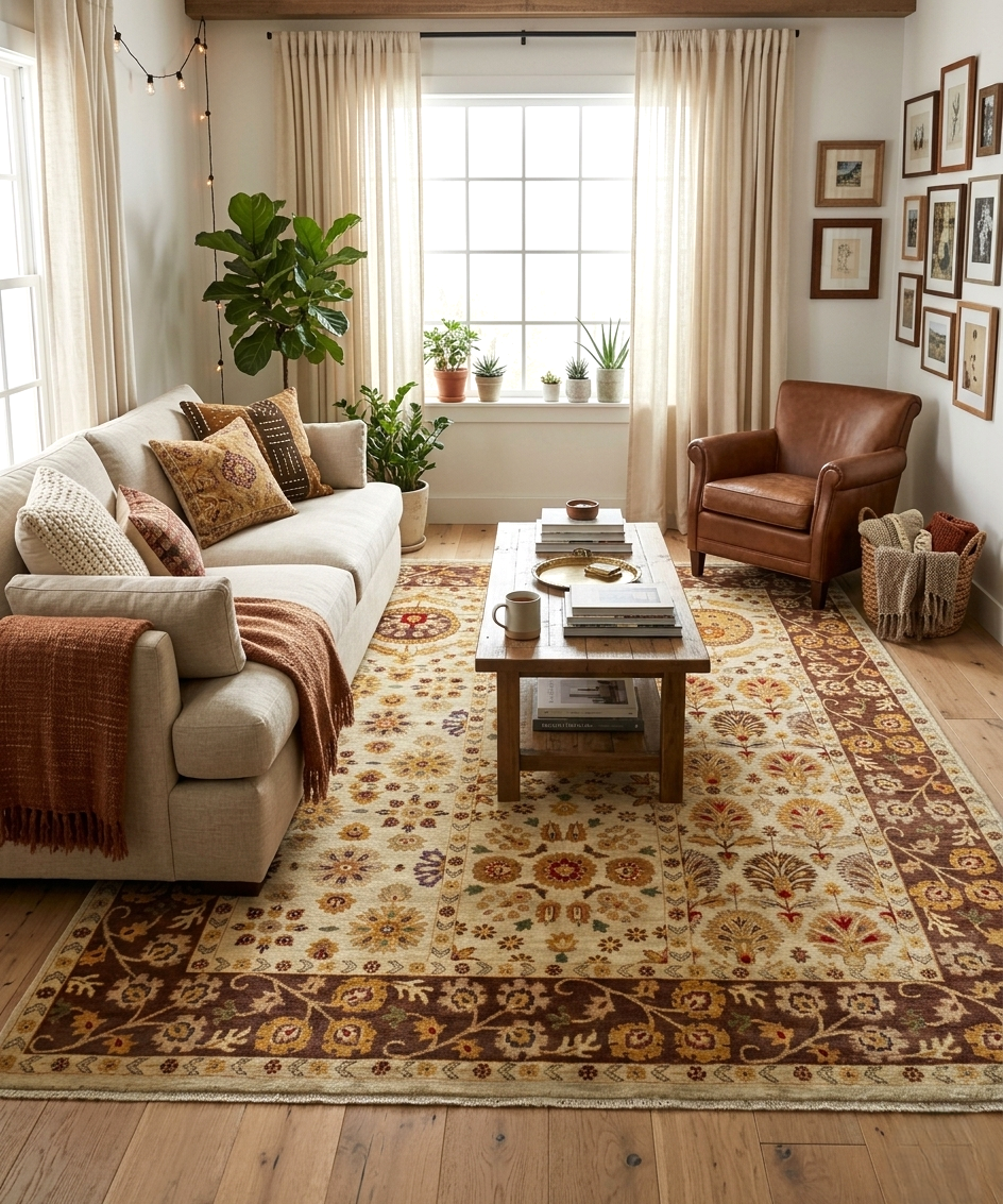 8x10 Hand Knotted Beige and Brown Oriental area Rug for Living Room