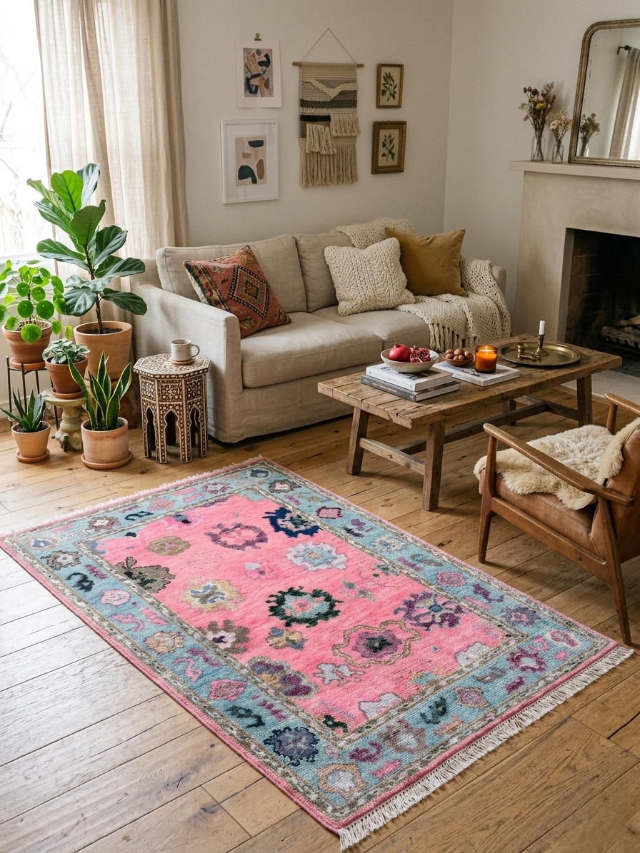 Hand Knotted Pink Oushak Rug Turkish Wool Area Rug