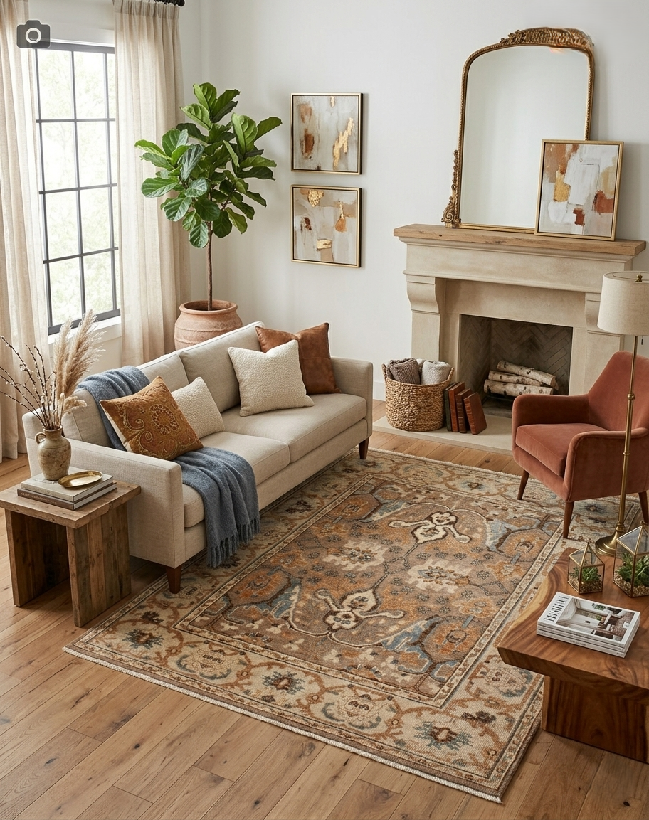 8x10 Hand-Knotted Wool Rug | Terracotta & Slate Blue Traditional Oushak