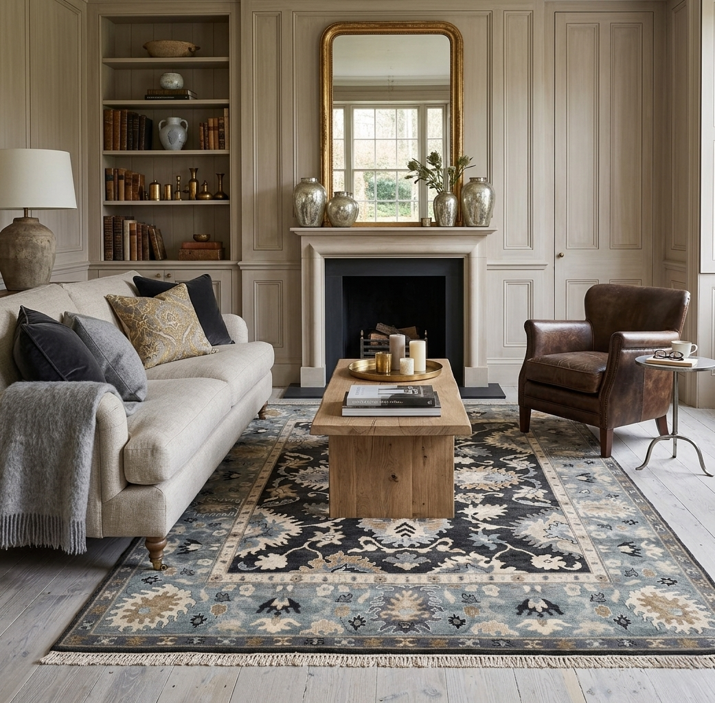 Hand-Knotted Charcoal & Slate Blue Oushak Wool Rug (8x10)
