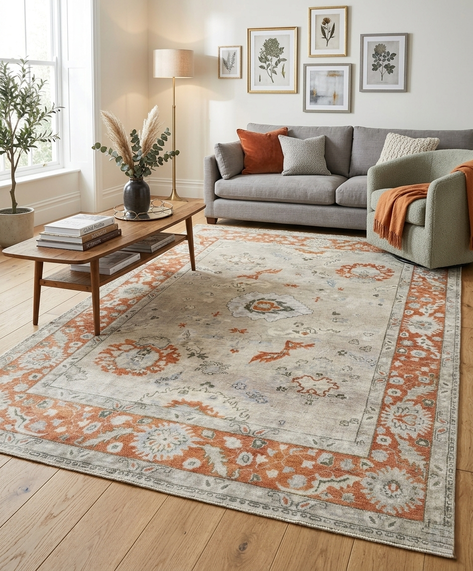 Hand-Knotted 8x10 Antique Oushak Wool Rug – Terracotta & Sage