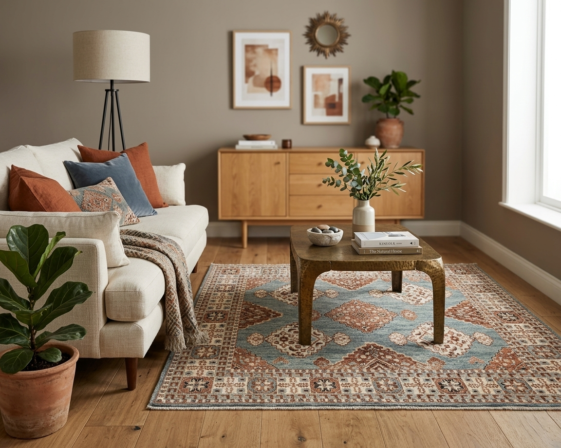6x9 Blue & Terracotta Traditional Hand-Knotted Wool Rug