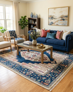 8x10 ft Hand-Knotted Blue & Cream Transitional Medallion Wool Rug