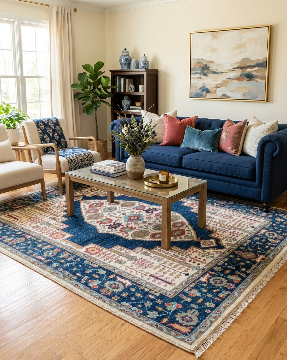 8x10 ft Hand-Knotted Blue & Cream Transitional Medallion Wool Rug