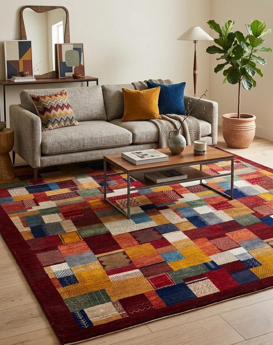 8x10 ft Hand-Knotted Vibrant Multi-Color Deep red Wool Gabbeh Rug