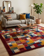 8x10 ft Hand-Knotted Vibrant Multi-Color Deep red Wool Gabbeh Rug